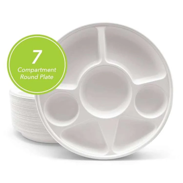 Three Leaf 13" 7 Compartment Bagasse Round Plates 50 Pack 1