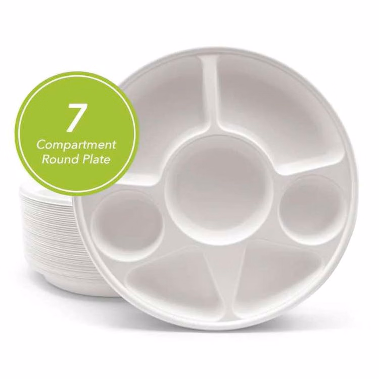 Three Leaf 13" 7 Compartment Bagasse Round Plates 50 Pack