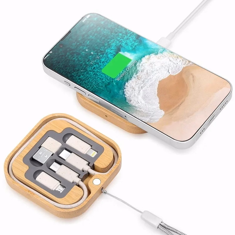 Square Bamboo Wireless Charger with Multi-Charging cable se
