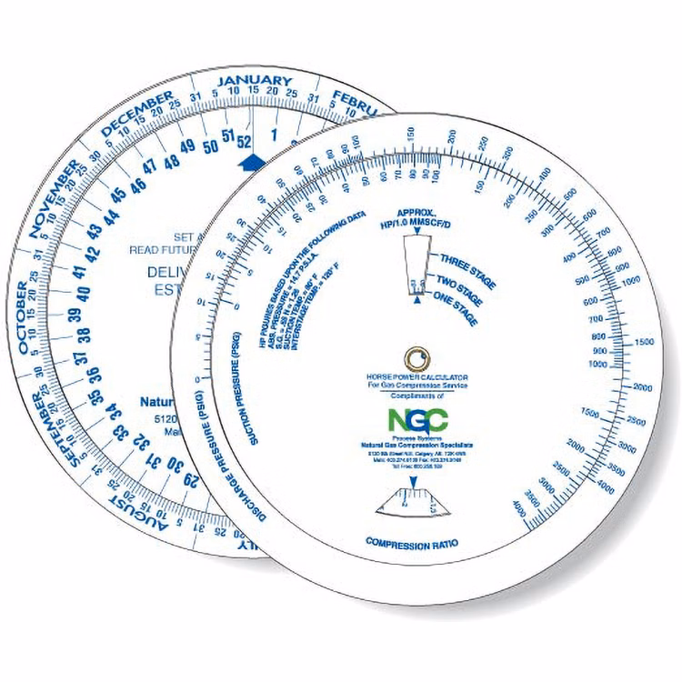 Wheel Calculator for Horsepower/ Gas Compression/ Date Finder, Custom Spot Colour Imprint