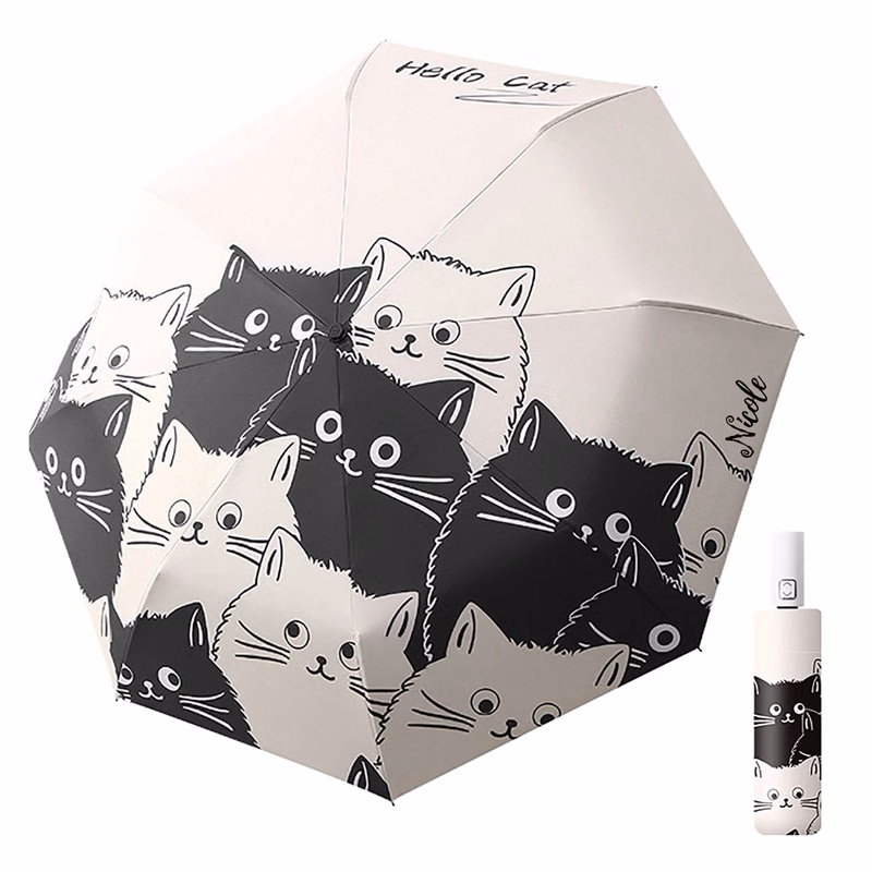 8-Rib Cartoon Black And White Cat Automatic Umbrella