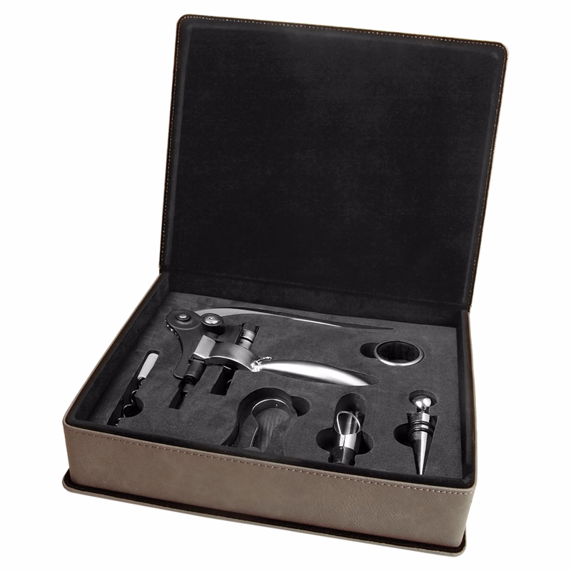 Gray Leatherette 5-Piece Wine Tool Gift Set
