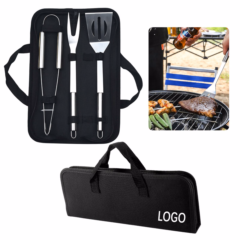 Stainless Steel 3 Piece BBQ Tool Set With Carry Bag
