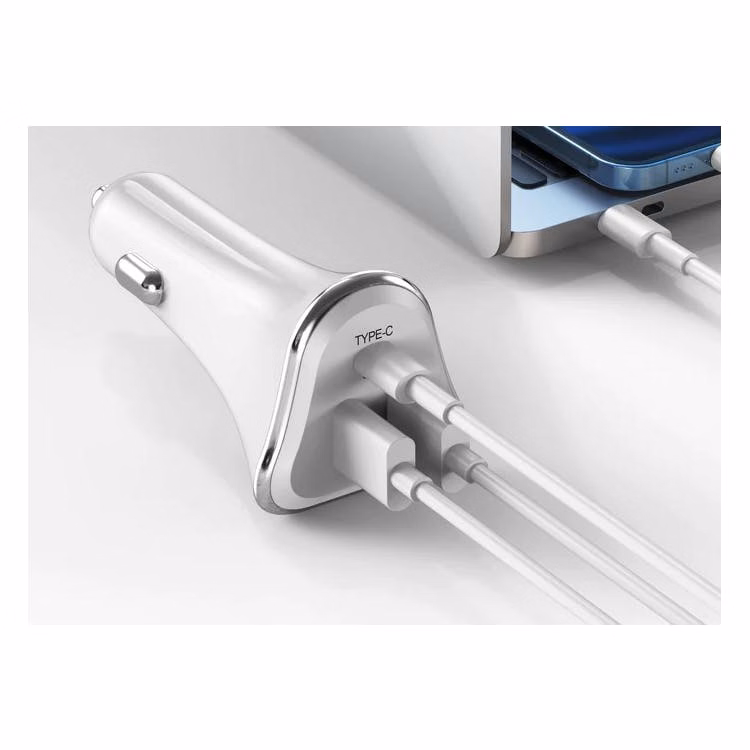 3-Port Car Chargers - White 2 USB Ports & 1 USB-C Port