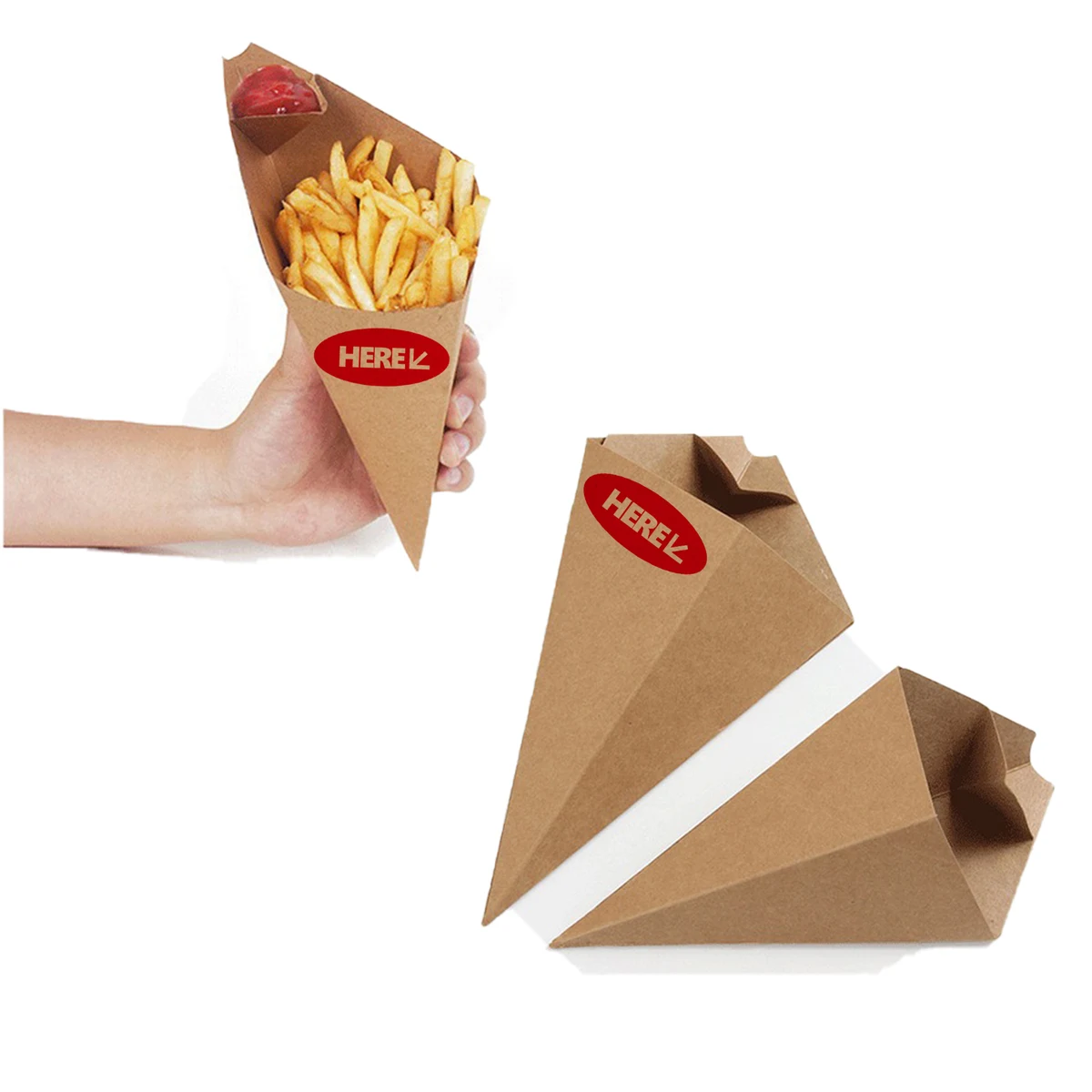 Cone-Shaped Kraft Paper French Fry Holder with Sauce Compartment 1