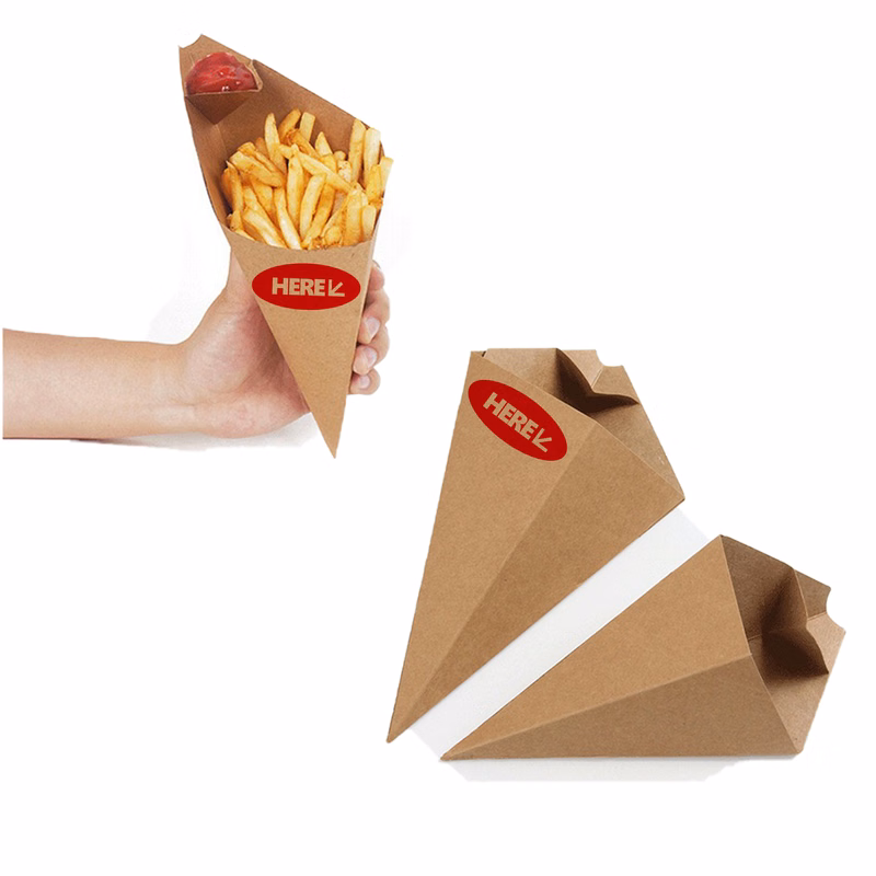Cone-Shaped Kraft Paper French Fry Holder with Sauce Compartment