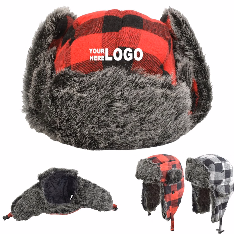 Winter Plaid Cotton Hat with Faux Fur Ear Flaps