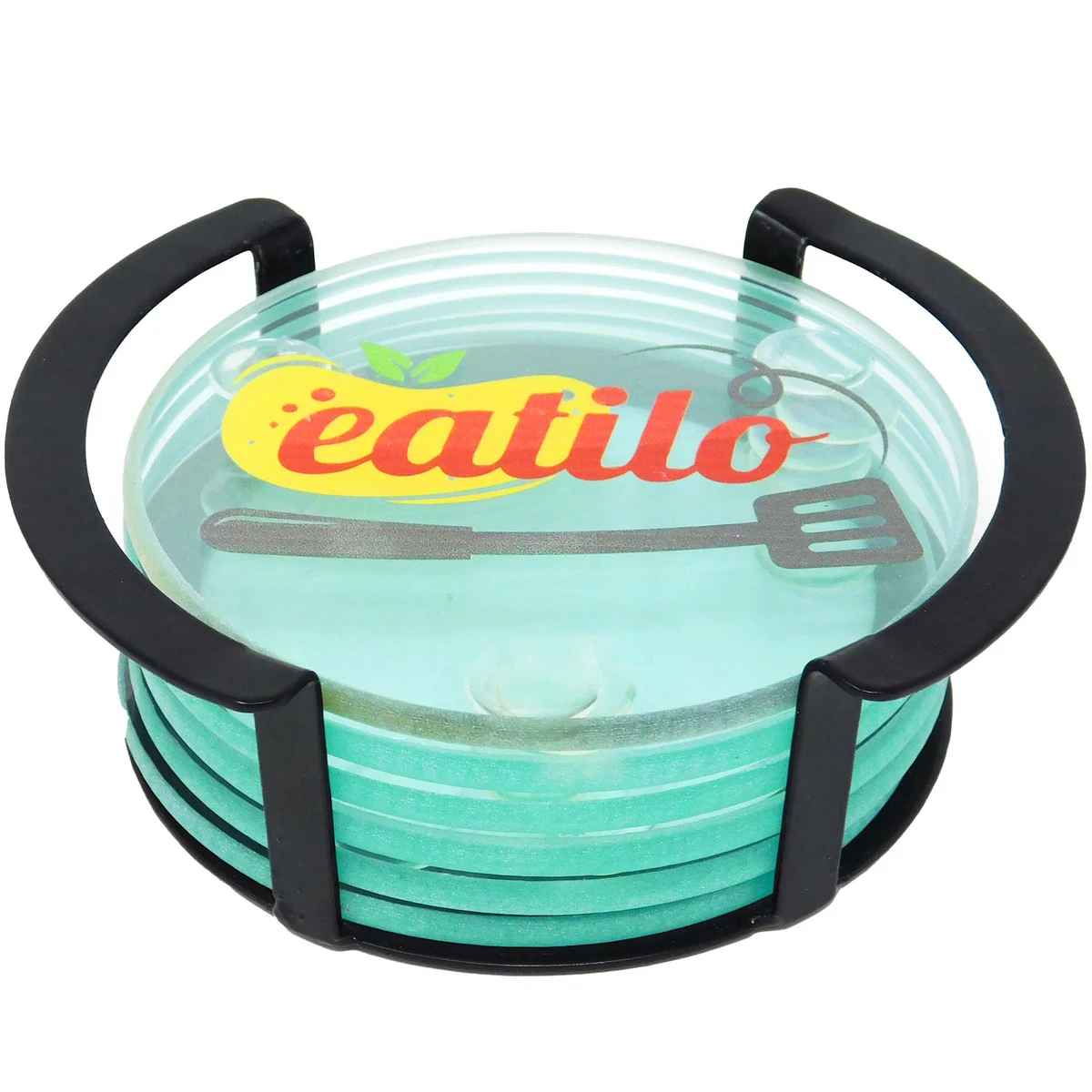 Round Glass Coasters: 6 Piece Set in Metal Stand 1