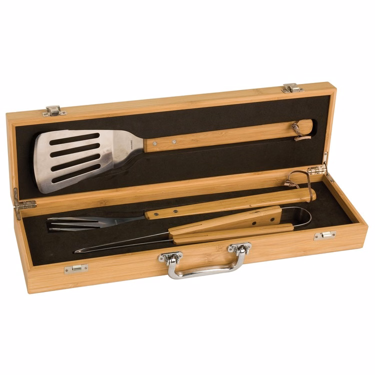 Three Piece BBQ Set in Bamboo Case with an engraved top