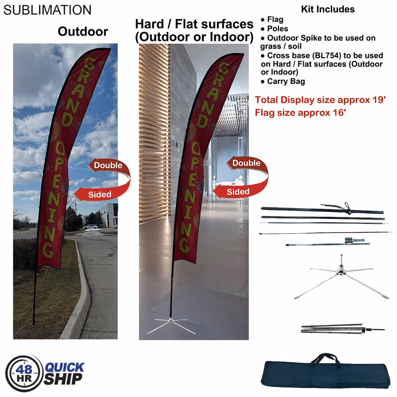 48Hr Quick Ship - 19' XL Feather Flag Kit, Full Color Graphics Double Sided, Outdoor & Indoor Use