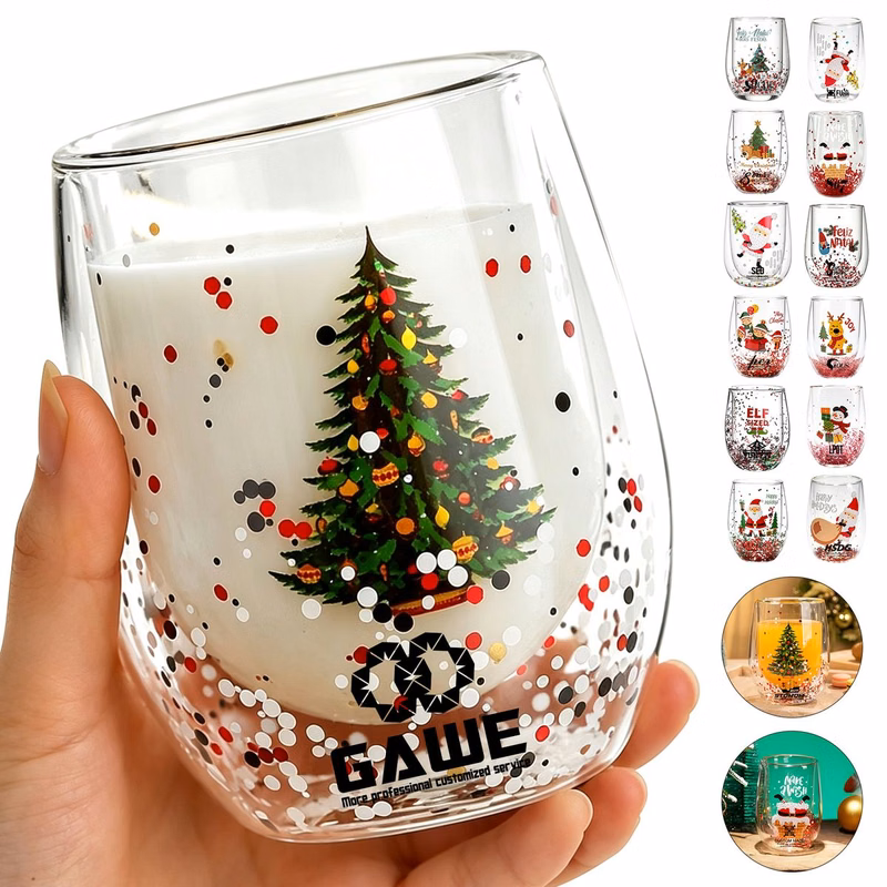 Christmas Double Wall Glass Cup With Glitter