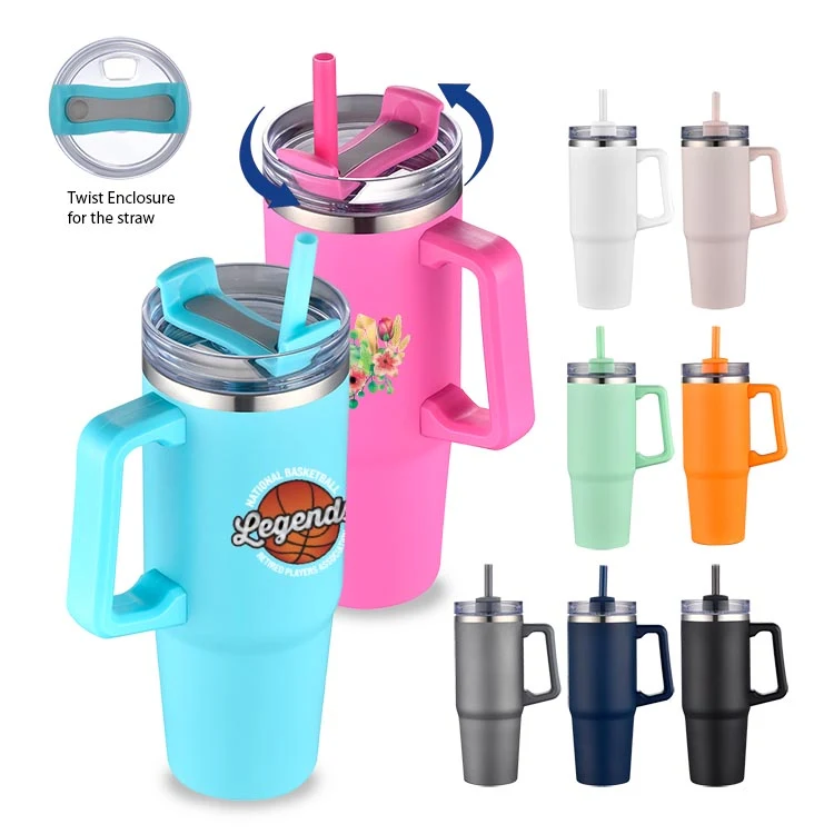 30 oz. Two Tone Travel Handle Mug with Twist Closure Straw Lid 1
