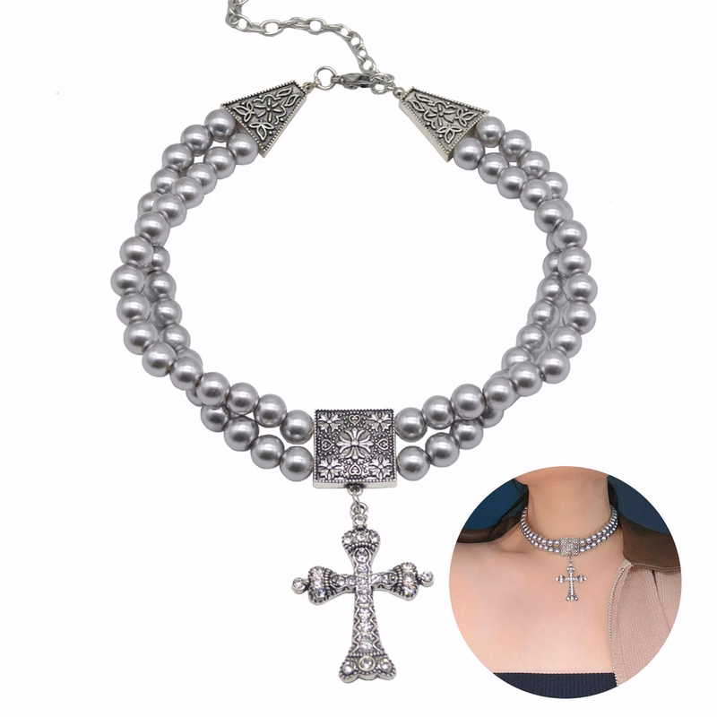 Alloy Double grey pearl rhinestone cross necklace