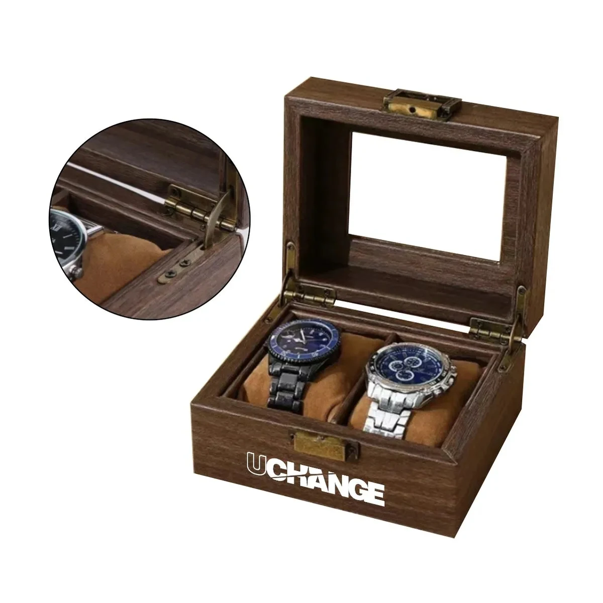 Vintage Wood Grain PU Two Slot Watch Box With Window Watch Box PU Leather Lockable Watch Storage Box 1