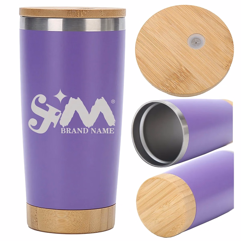 20 Oz Double Wall Thermal Cup With Bamboo Wooden Lid Base