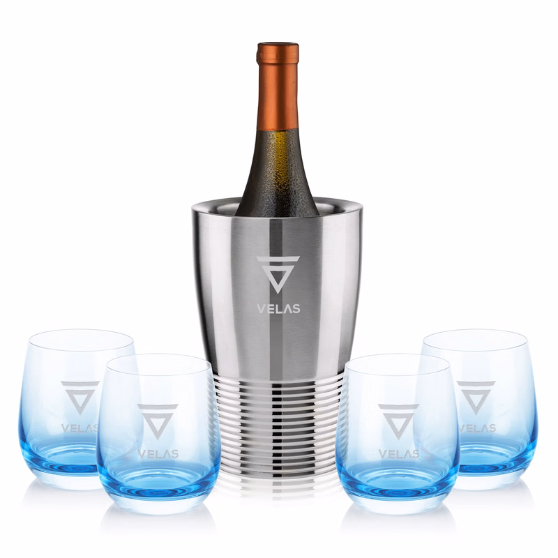 Genoa Wine Cooler & Soudan Blue Stemless Wine