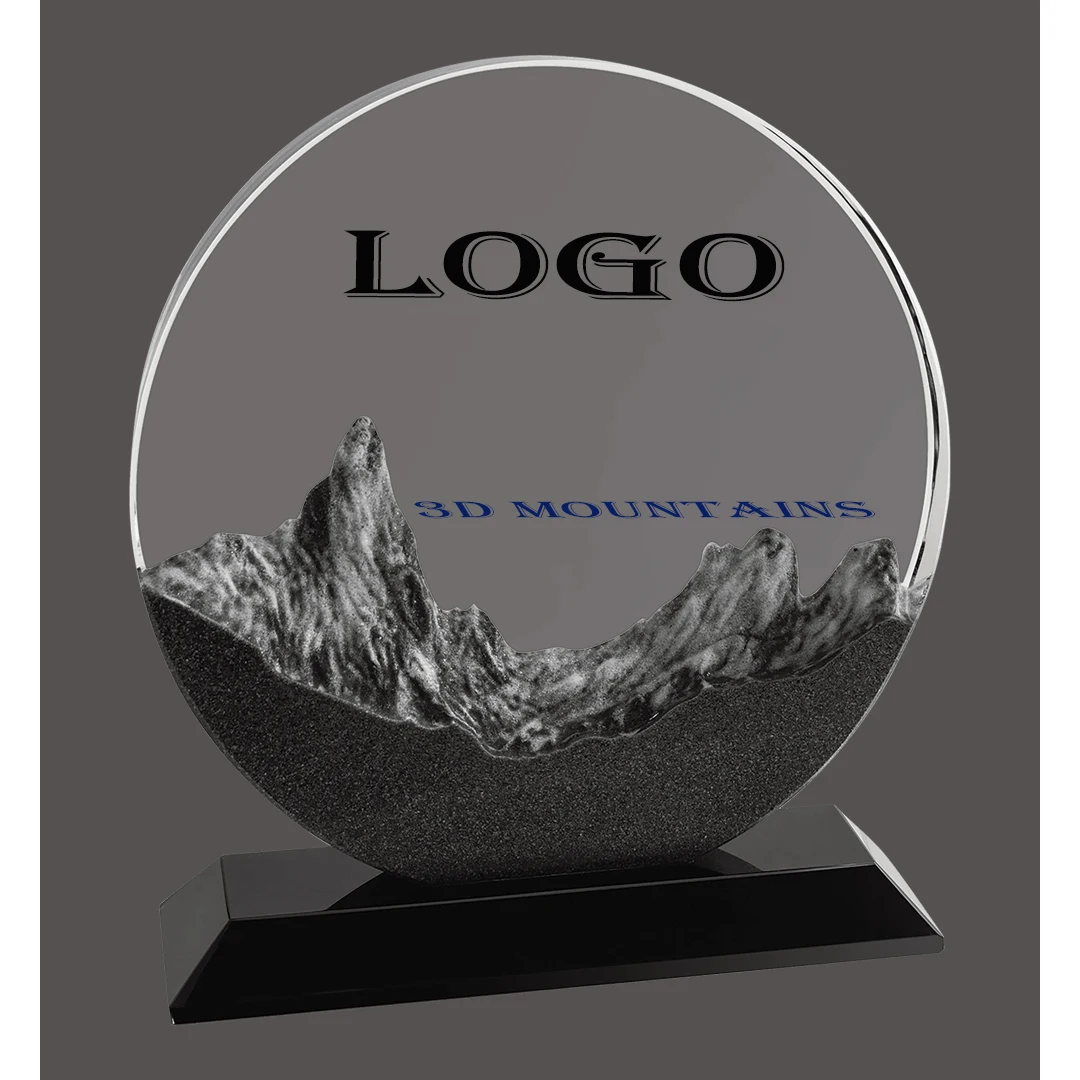 7" x 7 3/4" Round Crystal with Embedded Resin Mountain Scene and Black Base 1