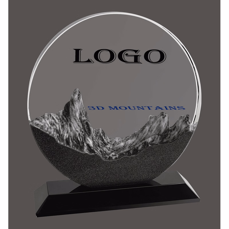 7" x 7 3/4" Round Crystal with Embedded Resin Mountain Scene and Black Base
