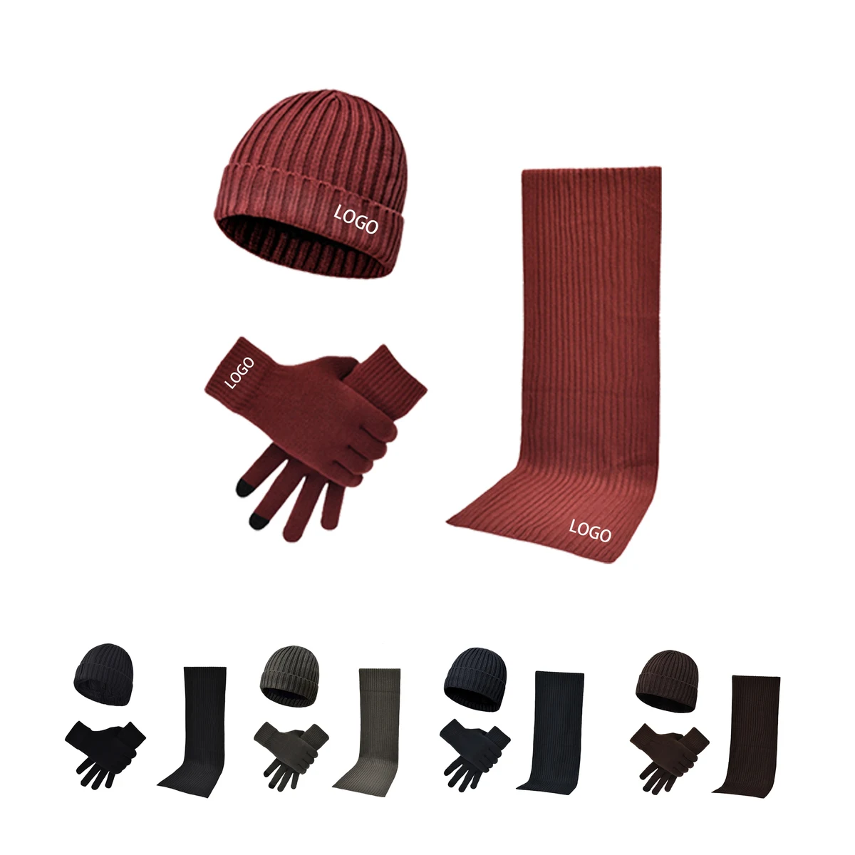 MOQ:5pcs Custom Scarf Gloves Beanie Set 1