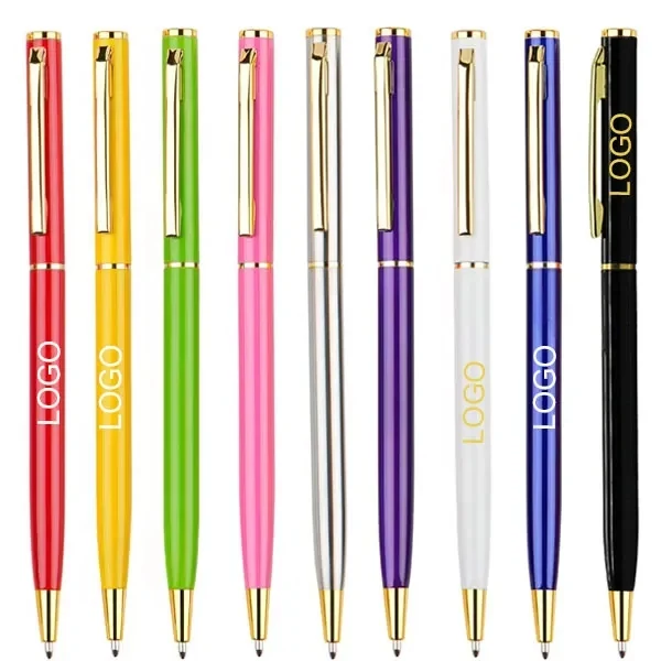 Slim Metal Hotel Ballpoint Pen with Gold Accents 1