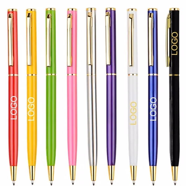Slim Metal Hotel Ballpoint Pen with Gold Accents