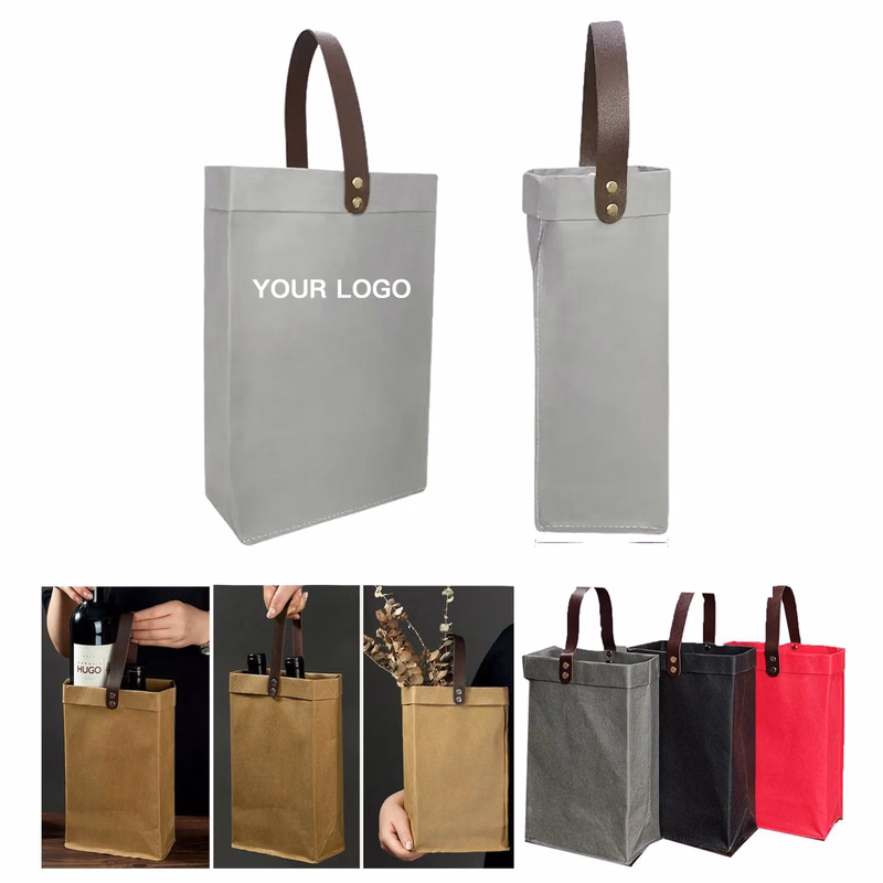 Kraft Paper Wine Bag with Leather Handles