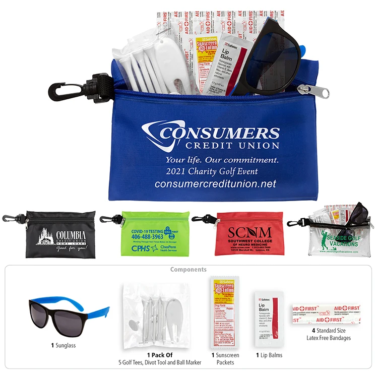 "CHIP" 15 Piece Golf Kit in Supersized Zipper Pack Components inserted into Zipper kit with Carabine 1