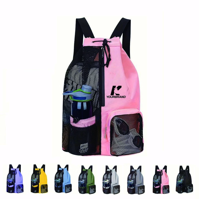 Durable Swim Bag Mesh Drawstring Backpack with Wet Pocket