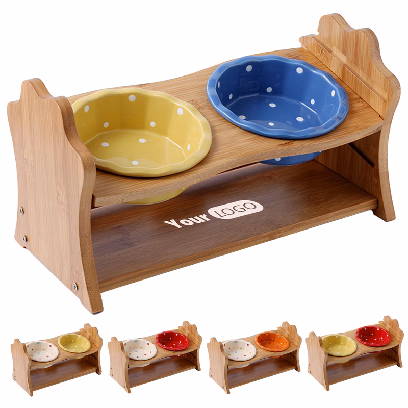 Ceramic Double Cat Bowl With Wooden Frame