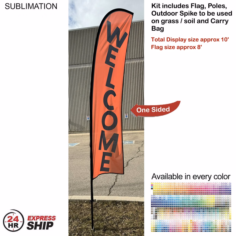 24Hr Express Ship- 10' Small Feather Flag Kit, Full Color Graphics One Side, Spike and Bag Included.