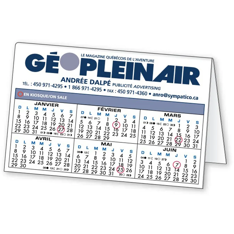 Folded Plastic Tent Calendar .030 Styrene (folded size 3.875" x 5.875") Screen-printed 1