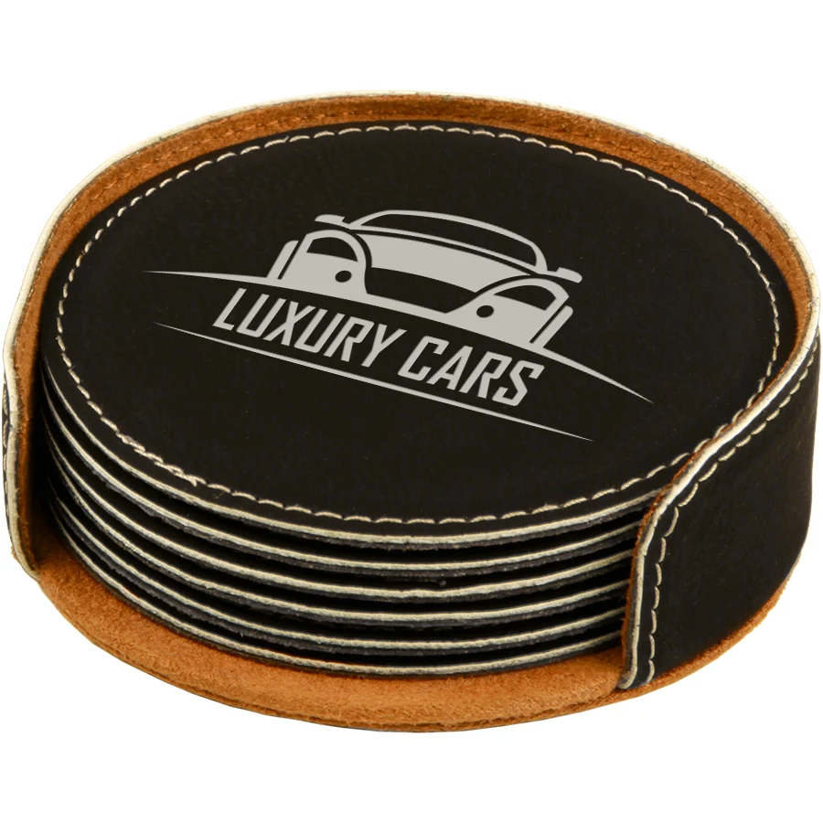 4" Black/Silver Round Leatherette 6-Coaster Set 1