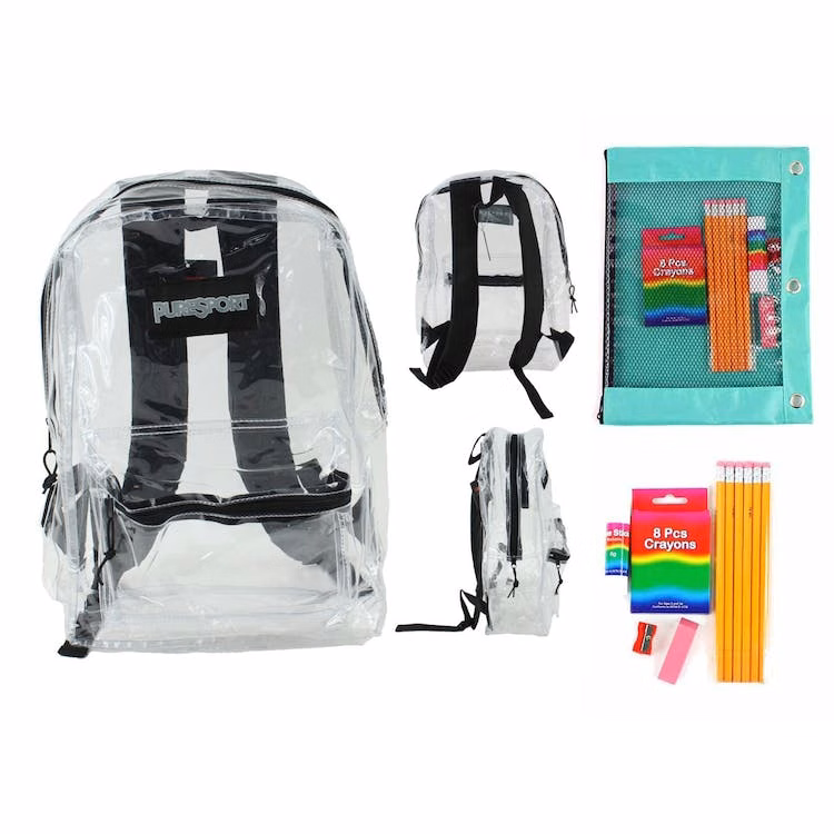 17" Backpacks with Elementary School Kits - Clear 11 Pieces