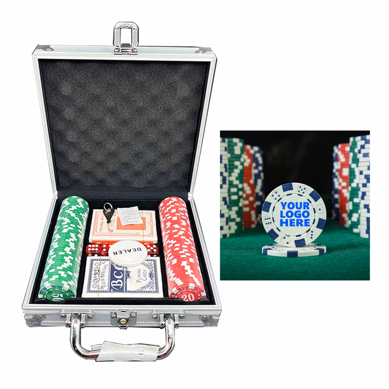100Pcs Texas Poker Chips Set with Dice and Playing Cards, Storage Box Included