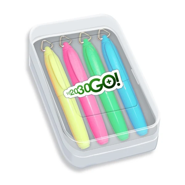 Four Pack of Mini Highlighters in Clear Plastic Case with Full Color Decal 1