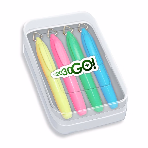 Four Pack of Mini Highlighters in Clear Plastic Case with Full Color Decal