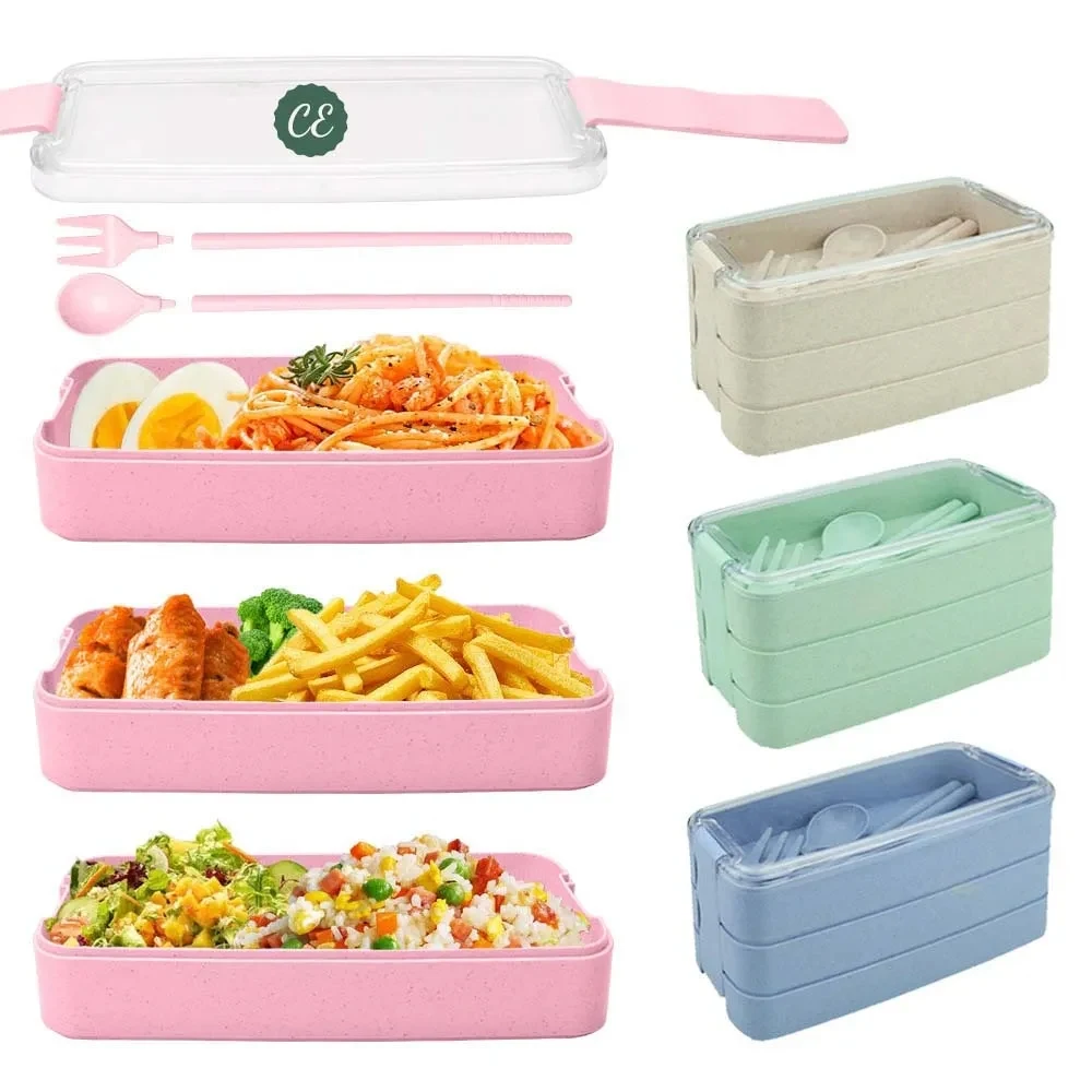 3-In-1 Stackable Wheat Straw Lunch Box with Utensils 1