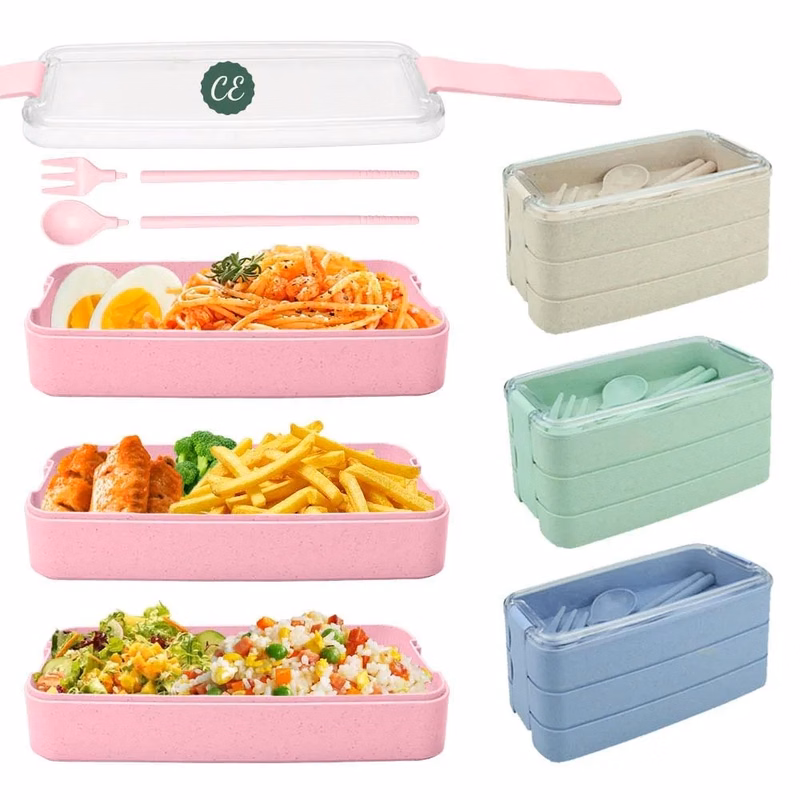 3-In-1 Stackable Wheat Straw Lunch Box with Utensils