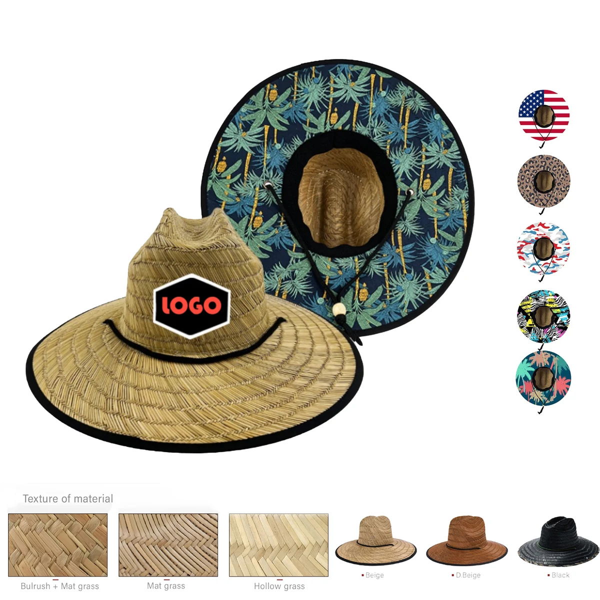 Natural Straw Wide Brim Hats Summer Sunshine Fishing Full Color Patch 1