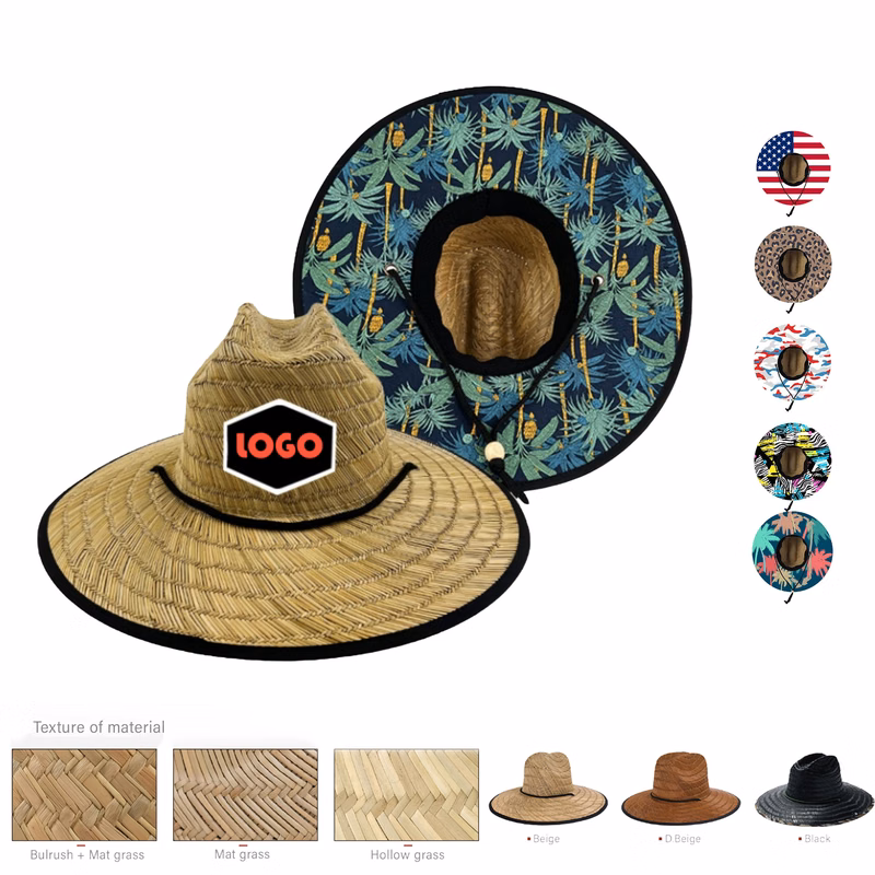 Natural Straw Wide Brim Hats Summer Sunshine Fishing Full Color Patch