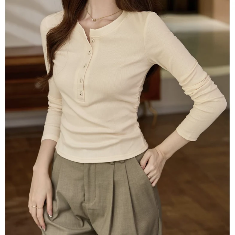Long Sleeve Button Up Slim Fit Ribbed Knit Blouses 1