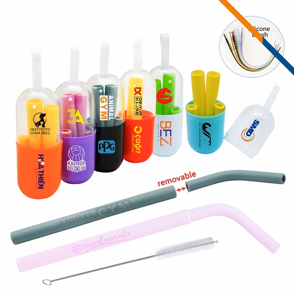 Custom Detachable Silicone Straw with Capsule — Flexible Eco-Friendly Giveaway