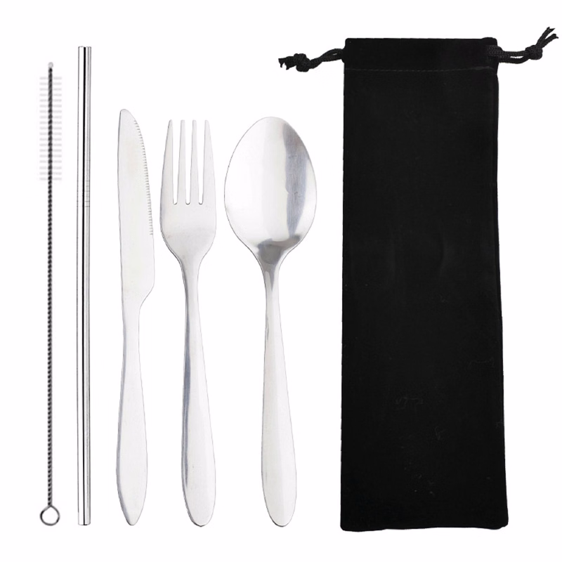 Stainless Steel Cutlery 5 Piece Set with Drawstring Bag