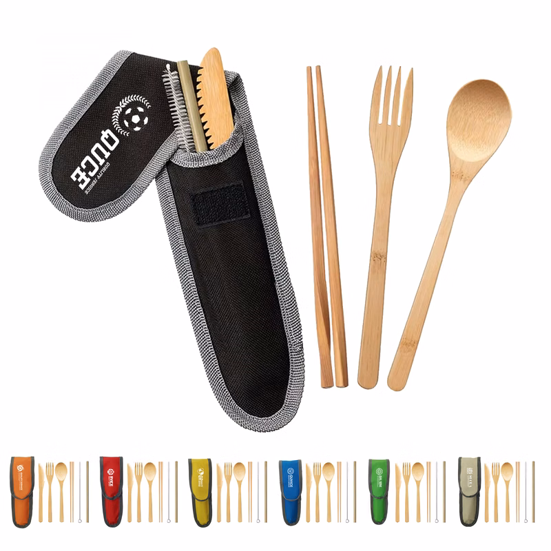 Portable 6-In-1 Bamboo Cutlery Set With Pouch