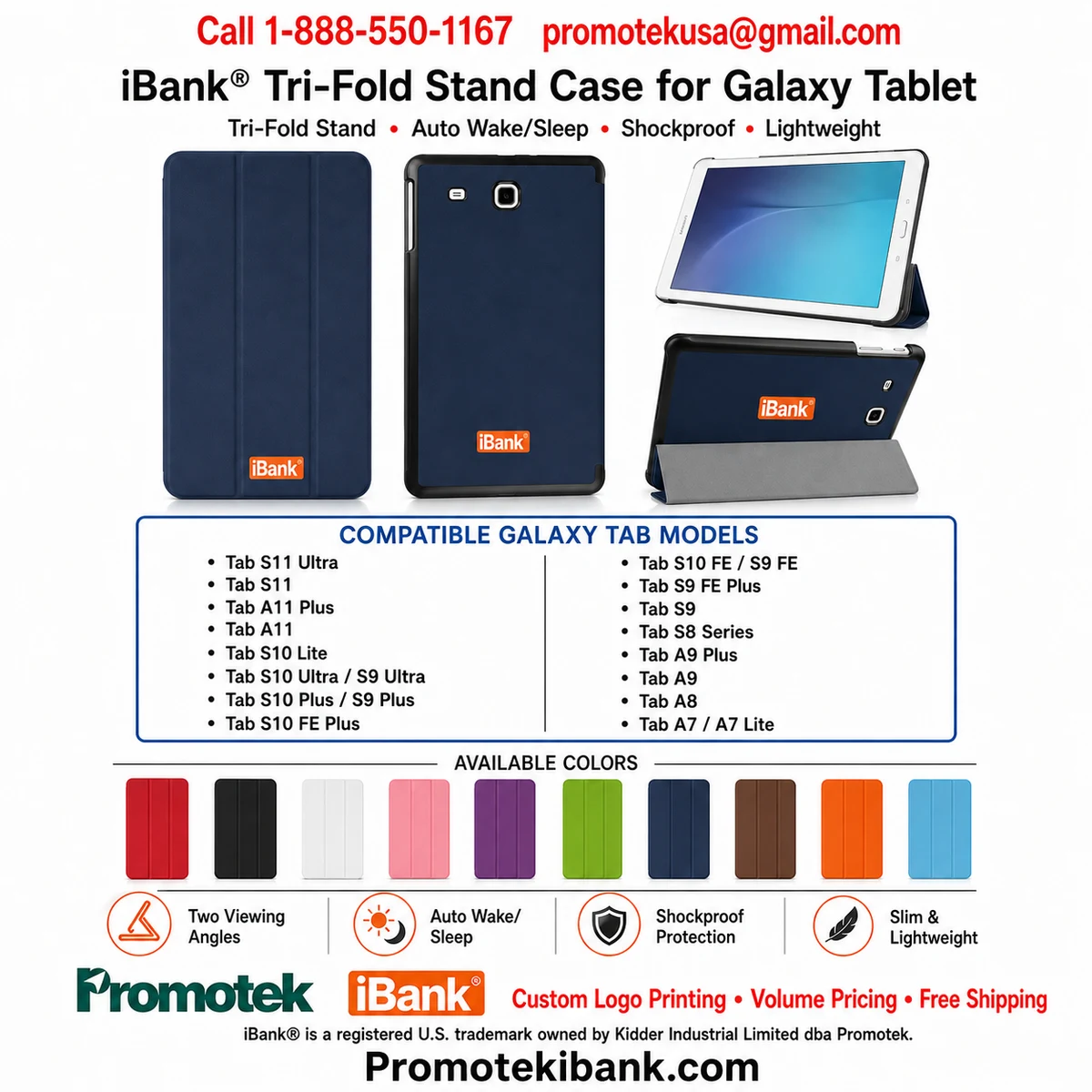 iBank® Tri-Fold Stand Case for Galaxy Tablet, Auto Wake/Sleep, Shockproof Lightweight 1