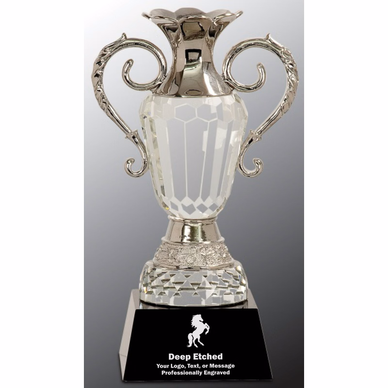 10" Crystal Cup with Silver Metal Handles on Black Pedestal Base Award