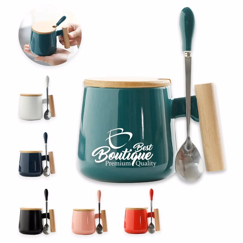 13 Oz. Ceramic Coffee Tea Mug Cup With Wooden Handle Lid