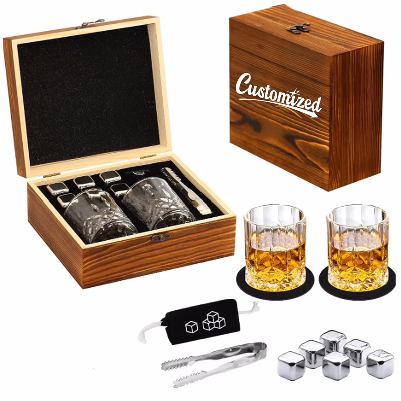Whiskey Glasses Gift Set Stainless Steel Stones Wood Box