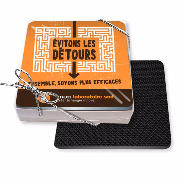 Gift Boxed Set of 4 Premium Square Coasters .010 Frosted Plastic Top & 3/32" Rubber base Full Colour