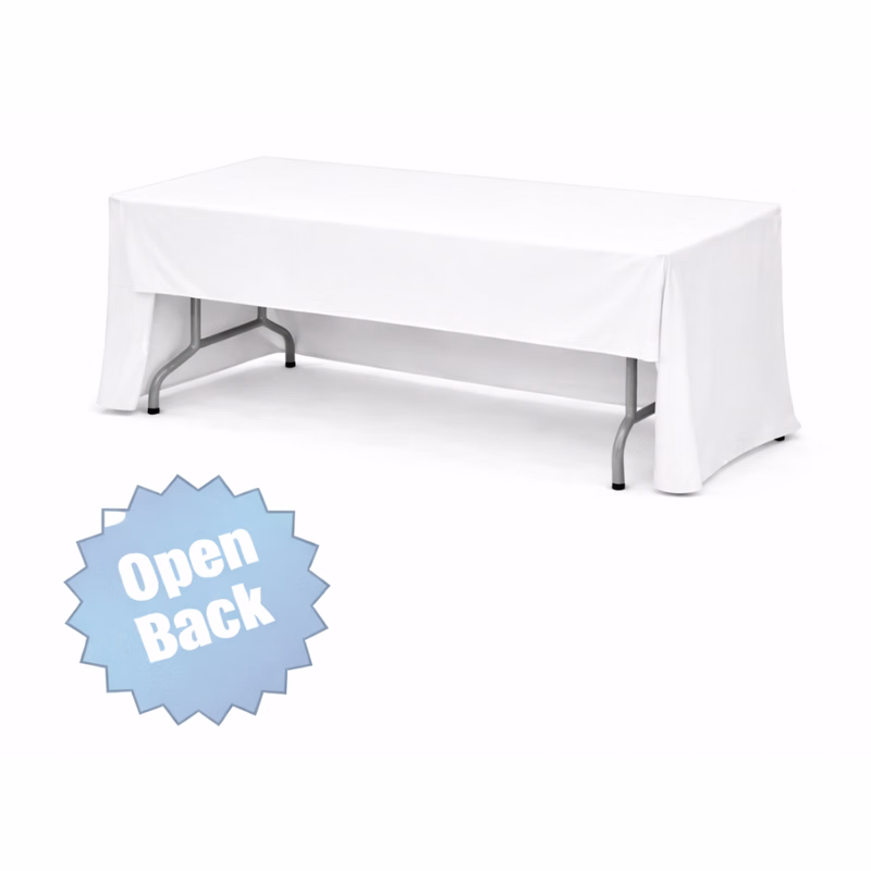 4 ft White Table Throw Open Back w/Front Logo